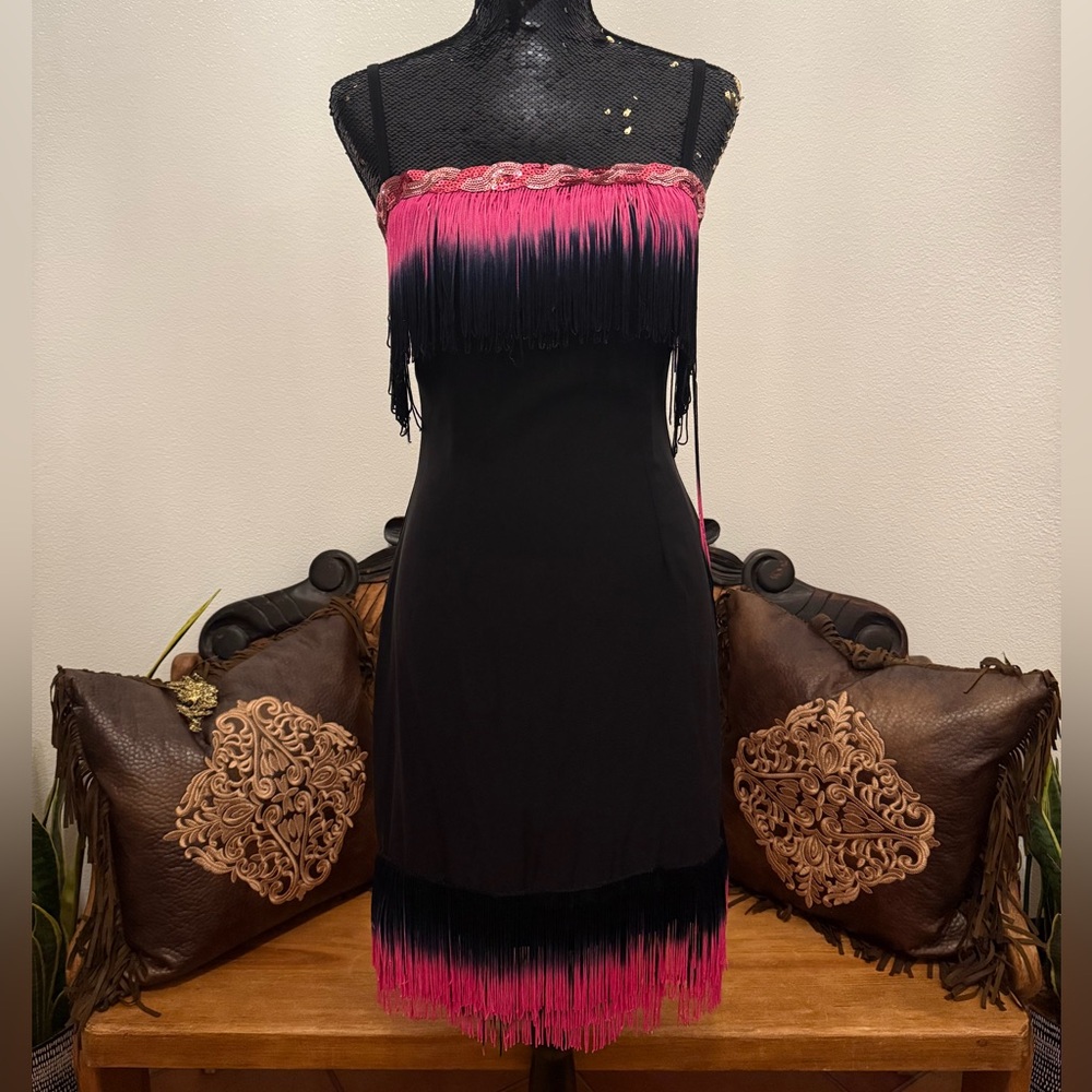 La Belle Vintage Black and Pink Gatsby Fringe Dress Size 5